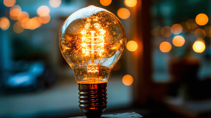 Glowing filament light bulb against a bokeh background, symbolizing ideas, innovation, and creativity in a warm, inviting atmosphere. - obrazy, fototapety, plakaty