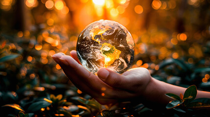 A person holding a glass globe reflecting the Earth amidst a lush forest, symbolizing environmental care and global responsibility.