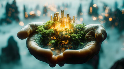 A small, illuminated cityscape amidst a forest cradled in hands, symbolizing human-nature harmony, against a snowy winter backdrop. - obrazy, fototapety, plakaty