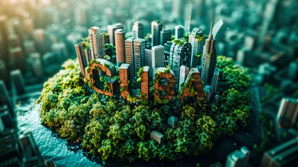 Foto op Plexiglas A 3D render of a forested island with the word "CURE" amidst skyscrapers, symbolizing a green oasis in an urban setting. © Rup-pa