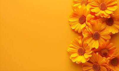 Frame with orange marigold flower and copy space. Background with soft gradient and spring branch with flowers. Design for presentation, slide, print, interior, poster, greeting card.