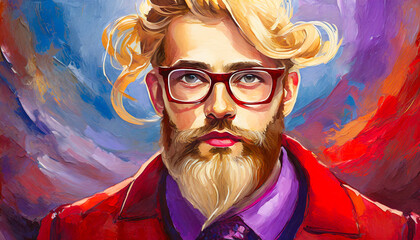 A painting of a man with a beard, hair in a bun, twisted beard, glasses, in the style of red.