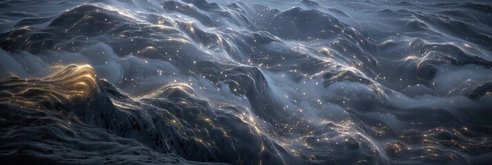 An ethereal landscape of undulating waves in a sea of stars, with golden highlights that give the impression of a celestial ocean at night.