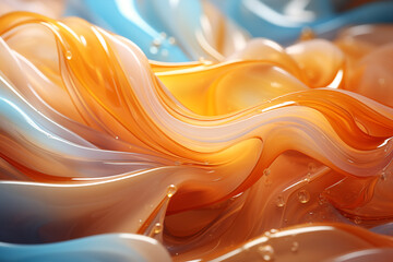 A detailed view of an abstract painting with a vibrant sun in the background. Mesmerizing swirls and ripples of orange and pink hues intertwined with golden specks 