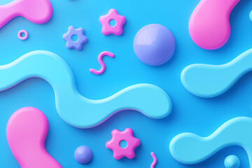 Pastel-colored abstract shapes are laid out on a blue surface. Arrangement with various forms creating an overall playful and whimsical composition enhanced by the soft, natural lighting.