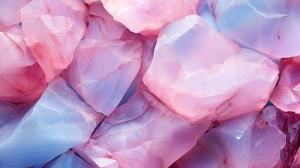A vivid close-up of a cluster of crystal gemstones, with light reflecting off their multifaceted surfaces revealing shades of pink and blue. Natural beauty and complexity of mineral formations.