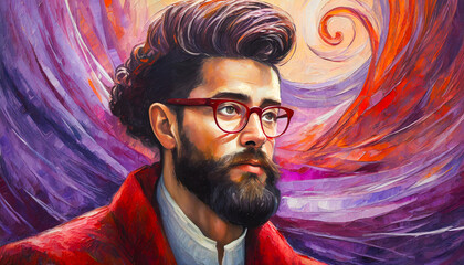 A painting of a man with a beard, hair in a bun, twisted beard, glasses.