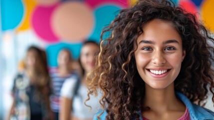 Fototapeta premium A woman with curly hair smiling in front of a group, AI