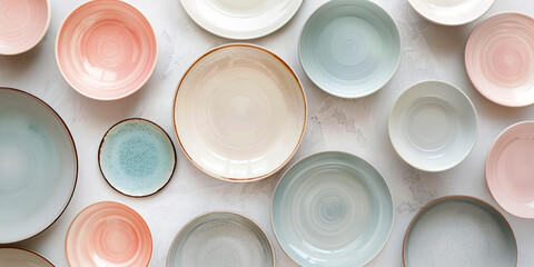 colored ceramic plates of different sizes on a light gray background