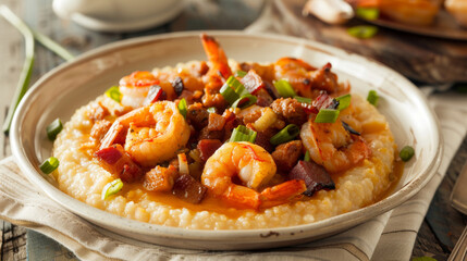 Scrumptious shrimp and grits with crispy bacon and green onions, a classic southern american dish