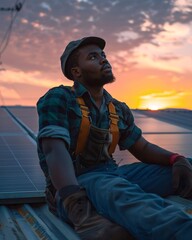 African American man worker installing solar photovoltaic panels	
