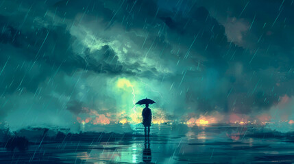 Solitary Figure Walking Alone in Heavy Rain