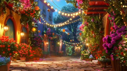 Enchanted Evening in a Festive Floral Village Lane