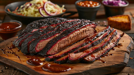 Delectable smoked beef brisket with bbq sauce, served with sides on a wooden table - obrazy, fototapety, plakaty