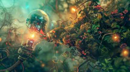 Intricate Light Bulb Connecting to Nature with Vibrant Flora