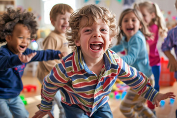 Fototapeta premium Joyful Children Playing Together in Colorful Playroom