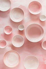 ceramic pink and beige plates of different sizes on a pink texture background