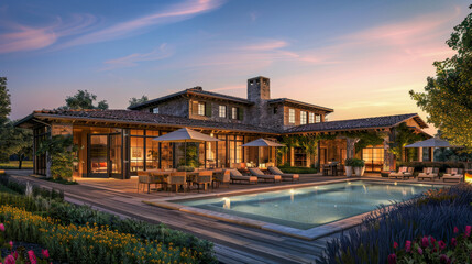 Fototapeta na wymiar Luxurious Estate with Pool at Twilight, Elegant Outdoor Living