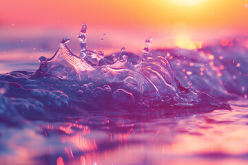 Close up of wave in pink coloured water on sunrise natural wallpaper background