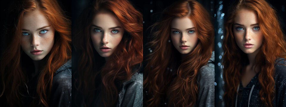 Epic YA fantasy portraits collection featuring pretty red hair teens. Urban fantasy. Mysterious pretty female teen. Intense gaze. Cinematic paranormal. Long red hair. Blue, green, black, brown eyes.