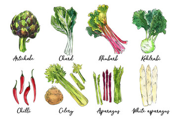 Vegetables food illustrations. Watercolor and ink sketches. Artichoke, chard, rhubarb, kohlrabi, chili pepper, celery, asparagus - 783323505