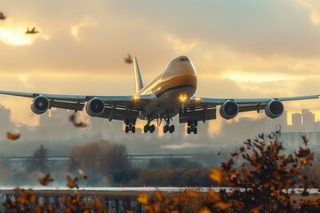 Passenger planes taking off from the airfield runway, civil aviation - obrazy, fototapety, plakaty