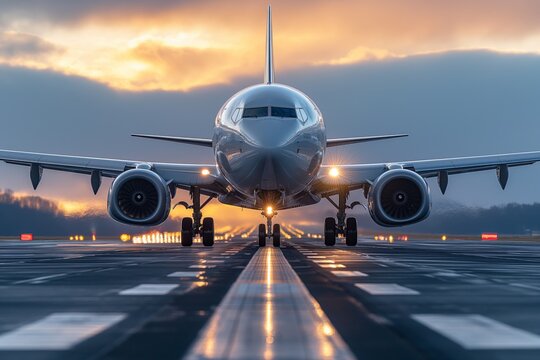 Passenger planes taking off from the airfield runway, civil aviation