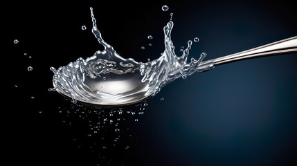 High-speed photography freeze motion of water splash in spoon against a dark background Perfect for illustrating fluidity and purity