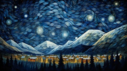 Unique digital art piece inspired by Van Gogh's Starry Night, featuring a colorful, swirling depiction of a mountain town