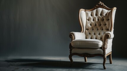 Wingback chair, white chair in dark room, flooring fashion lifestyle old living room - obrazy, fototapety, plakaty