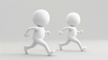 Two simple white people running, idea sport competition cooperation togetherness