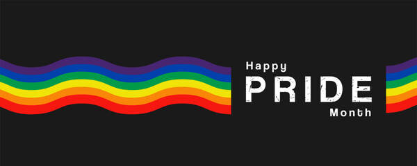 Banner design for pride month. LGBT community. Wavy rainbow flag on a dark background. Happy Pride Month inscription. For banner, banner or web
