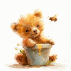 Adorable Bear Cub in a Honey Pot Chased by a Bee Illustration - 783323935