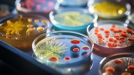 A neatly organized array of petri dishes displaying various bacterial colonies in a laboratory setting for scientific analysis