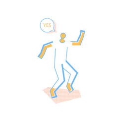 Man in dynamic pose with yes text in dialog speech bubble