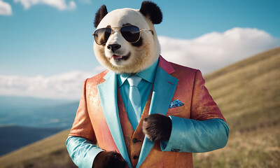 Panda wearing trendy colorful suit and sunglasses. Portrait medium shot. Natural blue sky scene