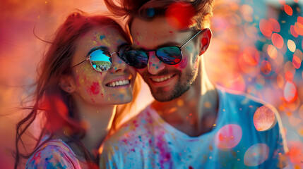 Cheerful couple in love at the festival of colors Holi