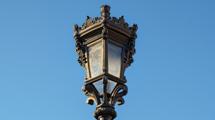Fototapeta na wymiar Vertical low angle shot of an old-fashioned traditional street lamp on a sunny day with a clear blue sky in Lisbon