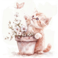 Adorable Kitten Playing with Butterfly and Flower Pot Illustration - 783323998