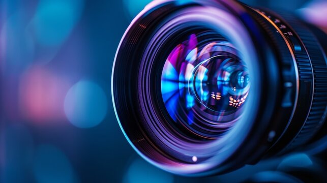 A close up of a camera lens with colorful lights in the background, AI