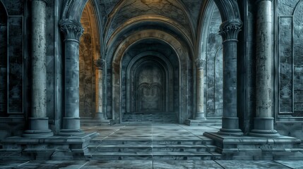 Portals architectual, dark and gloomy hallway, ancient corridor colonnade monument abbey - obrazy, fototapety, plakaty