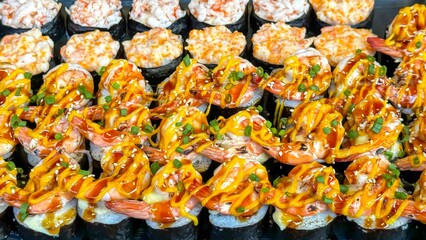 Tantalizing array of sushi with succulent shrimp, fiery orange sauce, and fresh green onions atop seaweed wraps, showcasing the vibrant allure of Asian street food