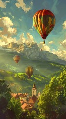 Fototapeta premium Top view of green landscape and mountain valleys and town and colorful balloons flying in the sky, illustration