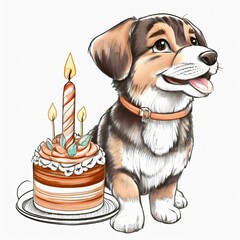 illustration of a cute little dog with birthday cake and a white background