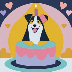 illustration of a cute little dog with hearts around it and a colors background