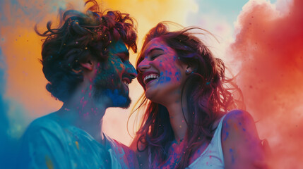 Cheerful couple in love at the festival of colors Holi