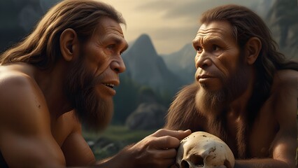 Illustration of Neanderthal Man Holding Neanderthal's Skull
 .Generative AI - obrazy, fototapety, plakaty