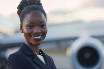 smiling black air hostess, standing in front of blurred, modern airliner --ar 3:2 Job ID: 56b544a9-ba03-4a77-a24f-eaccad4cc439