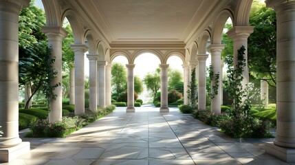 Fototapeta na wymiar Loggia architectual, beautiful garden with columns and trees, arch summer green color built structure building exterior