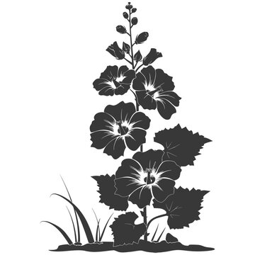 Silhouette hollyhocks flower in the ground black color only